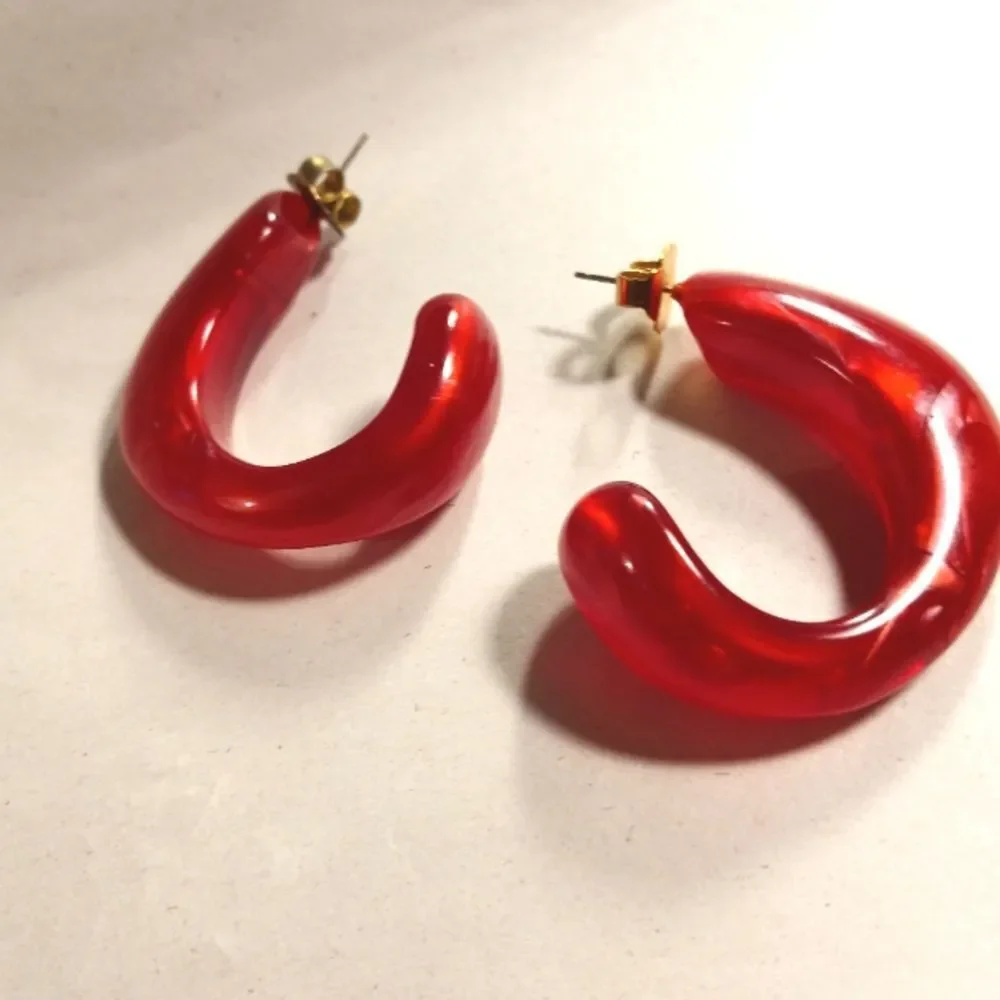 Vibrant Red Resin C Shape Hoop Post Earrings